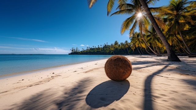 A beach with palm trees.