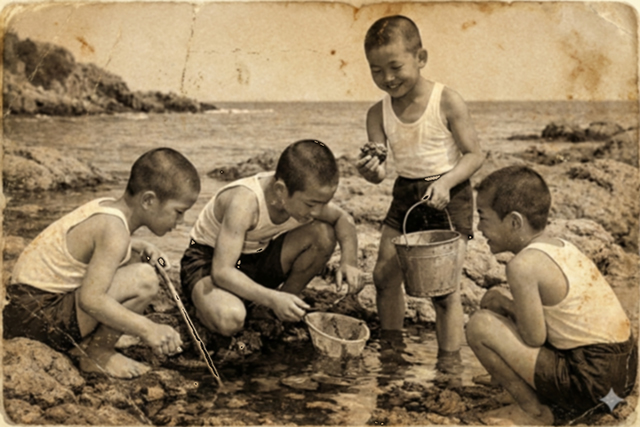 Ware wa umi no ko ---A tanned teenage boy folds his arms on the shore.