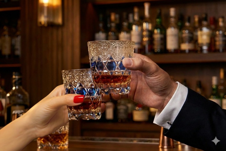 Pair of Edo Kiriko old fashioned whiskey glasses with diamond-cut pattern