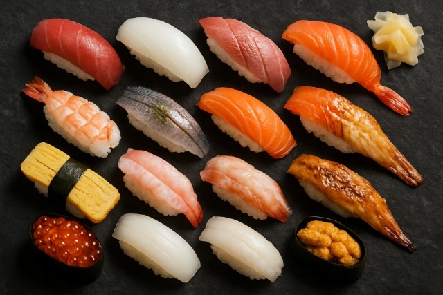 Assortment of twenty realistic fake sushi and sashimi pieces