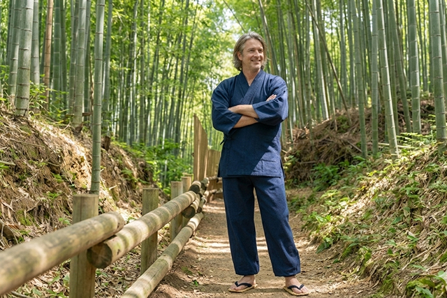 Kurume Kasuri striped cotton samue set