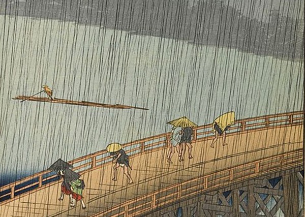 Ukiyoe print Sudden Shower over Shin-Ohashi Bridge and Atake by UTAGAWA Hiroshige
